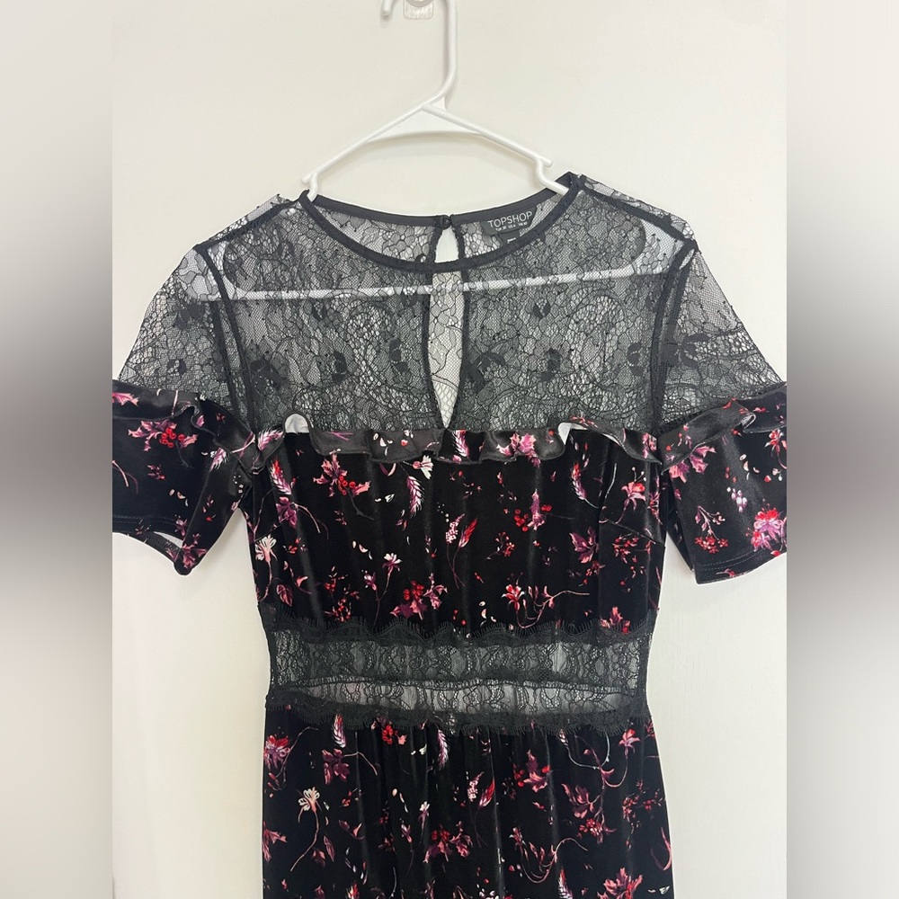 Topshop Velvet & Lace Black Floral Short Sleeve Dress US Size 6 Fairygoth - Picture 4 of 7